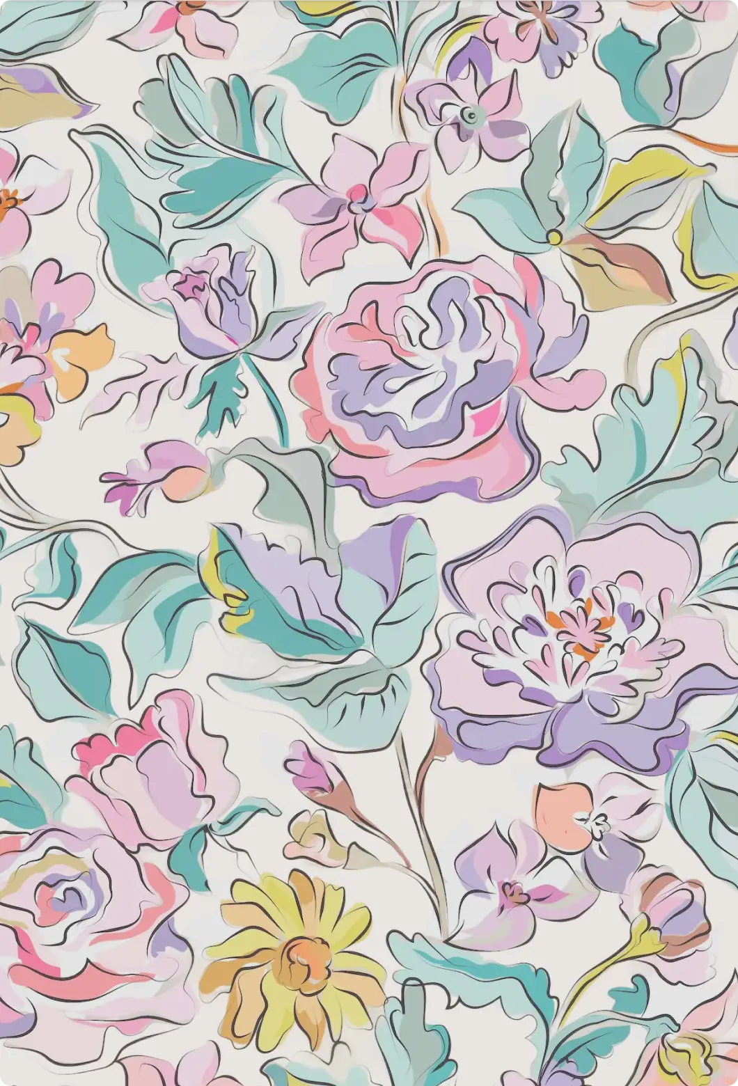 Painterly floral surface design pattern with peonies, roses, and soft pastel foliage